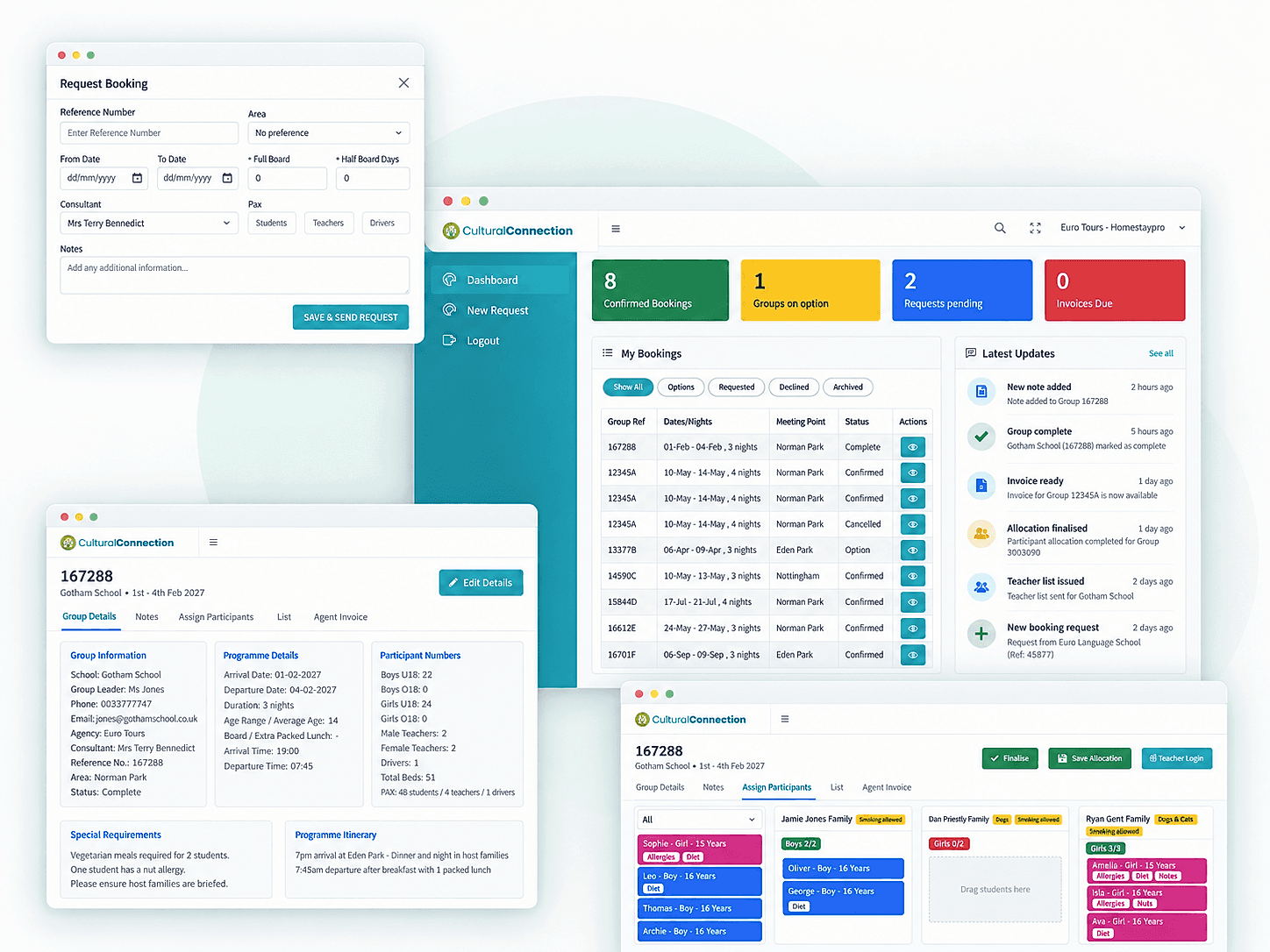 Cultural Connection booking, group management and host allocation screens
